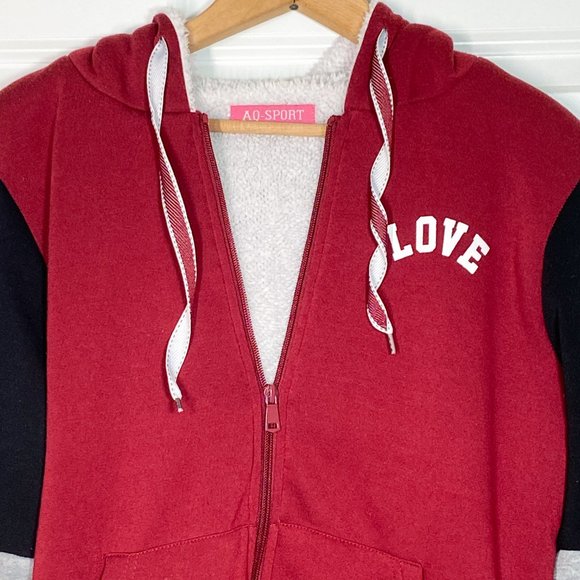 A.Q. Sport "Love" Red & Black Warm Fleece Lined Zippered Hoodie AQ Jacket MEDIUM - Picture 3 of 5